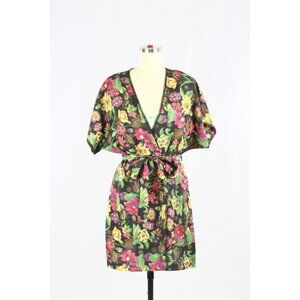 NWOT Vintage LINDA for LA VIE EN ROSE Black Floral Chiffon Kimono Robe, One Size